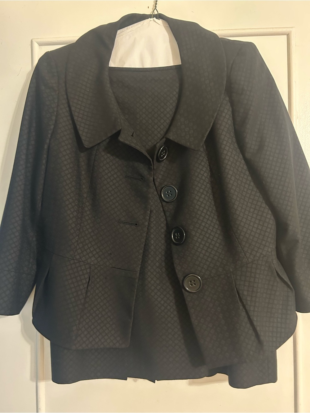 ANTONIO MELANI Black Textured Button Front Blazer and Skirt Suit